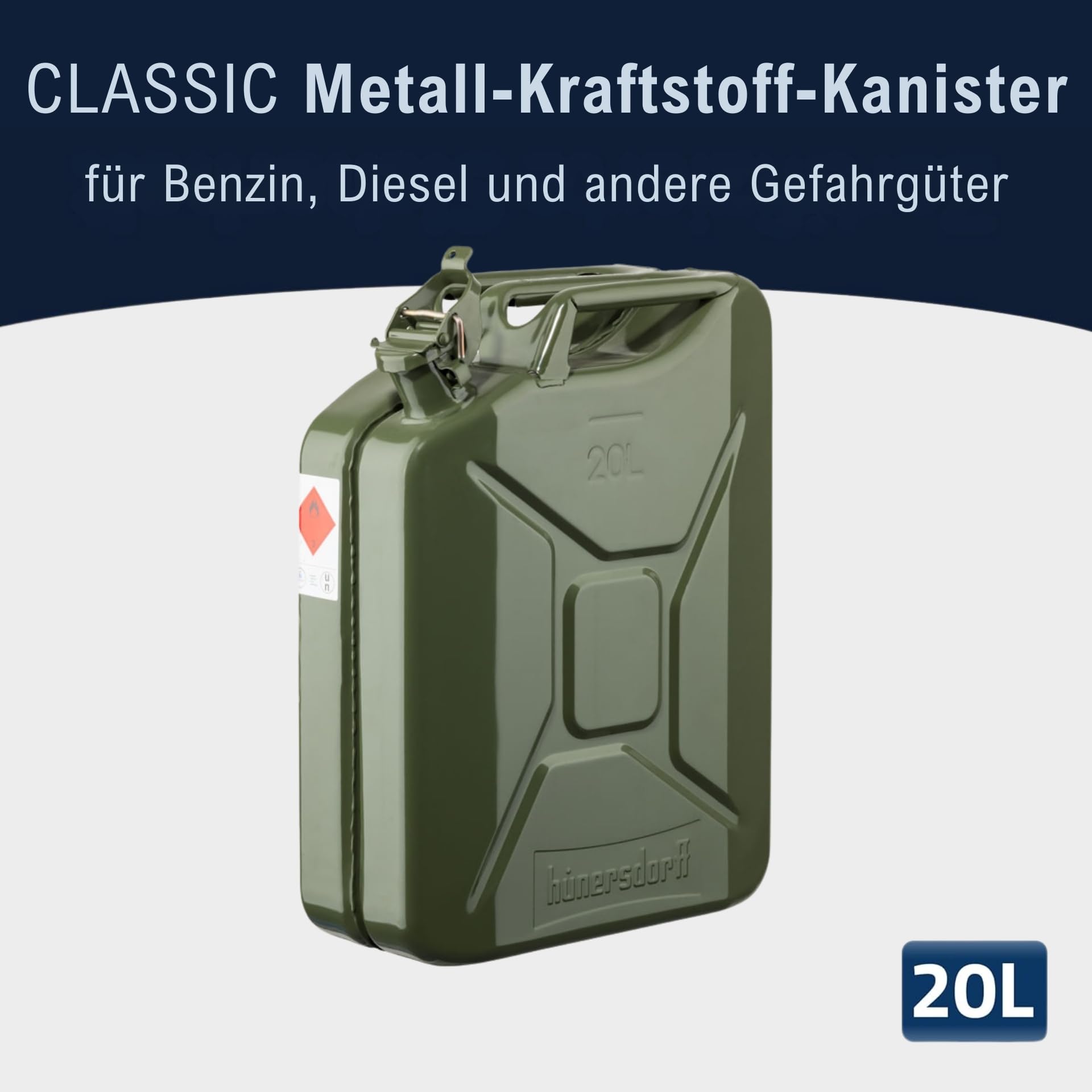 Metall-Kraftstoff-Kanister CLASSIC 20l, mit UN-Zulassung für Benzin, Diesel und andere Gefahrgüter, oliv