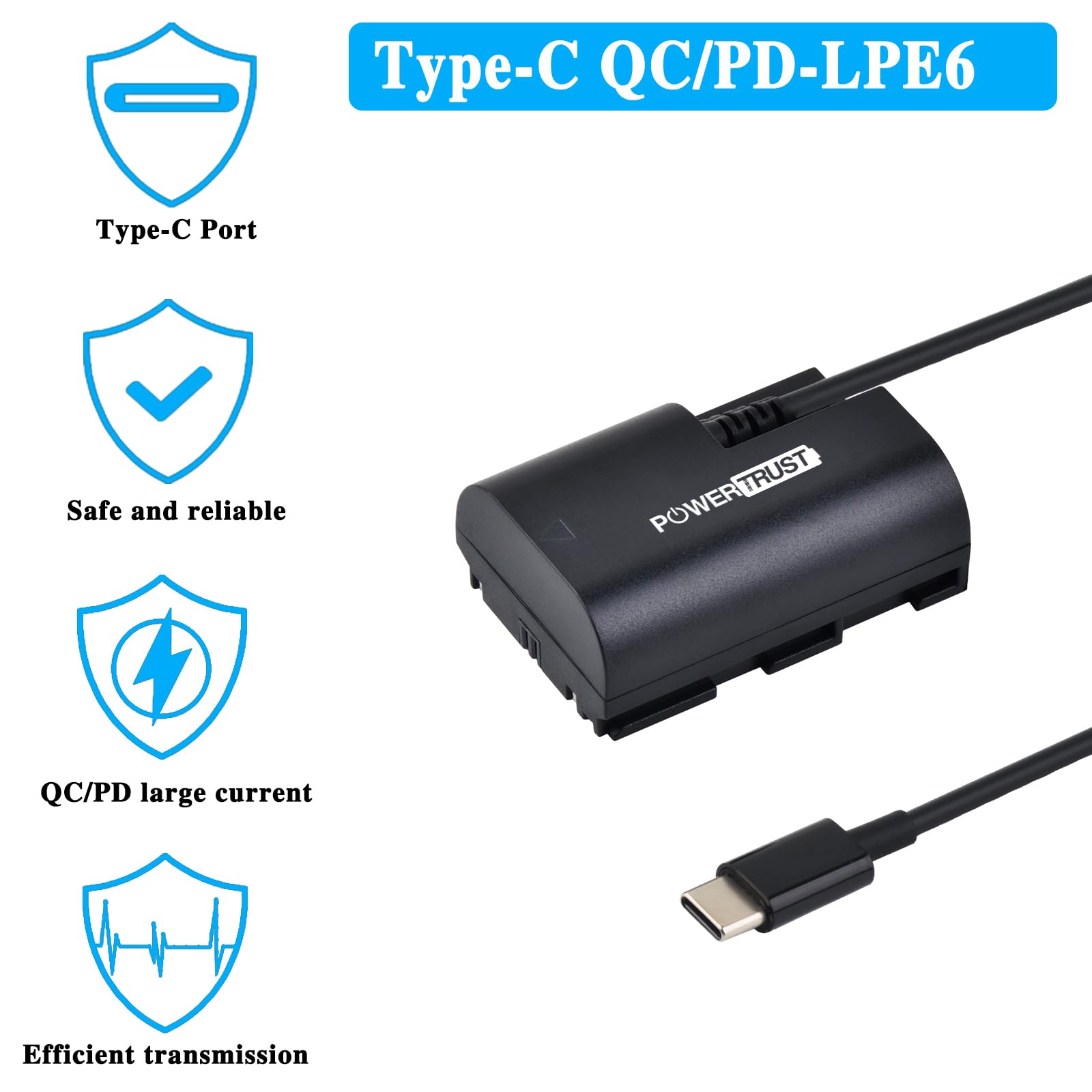 LP-E6 LP-E6N Dummy-Batterie mit USB-C-Ladung für Canon EOS R7 R6 R5 R 90d 80d 70d 60d 7d Mark II, 5d Mark II III IV, 6d Mark II II.