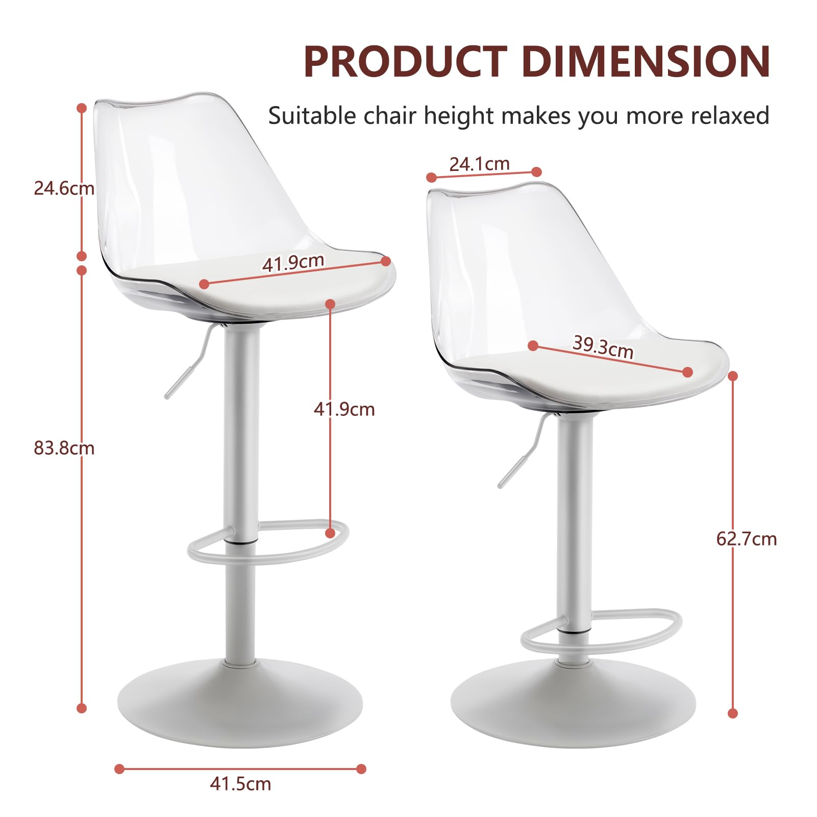 Barhocker Transparent 2er Set, Höhenverstellbare Tresenhocker mit Rückenlehne & Fußstütze, Drehbare Barstühle 360° gepolstert, Moderne Küchenhocker für Esszimmer, Theke & Bar (Weiß)