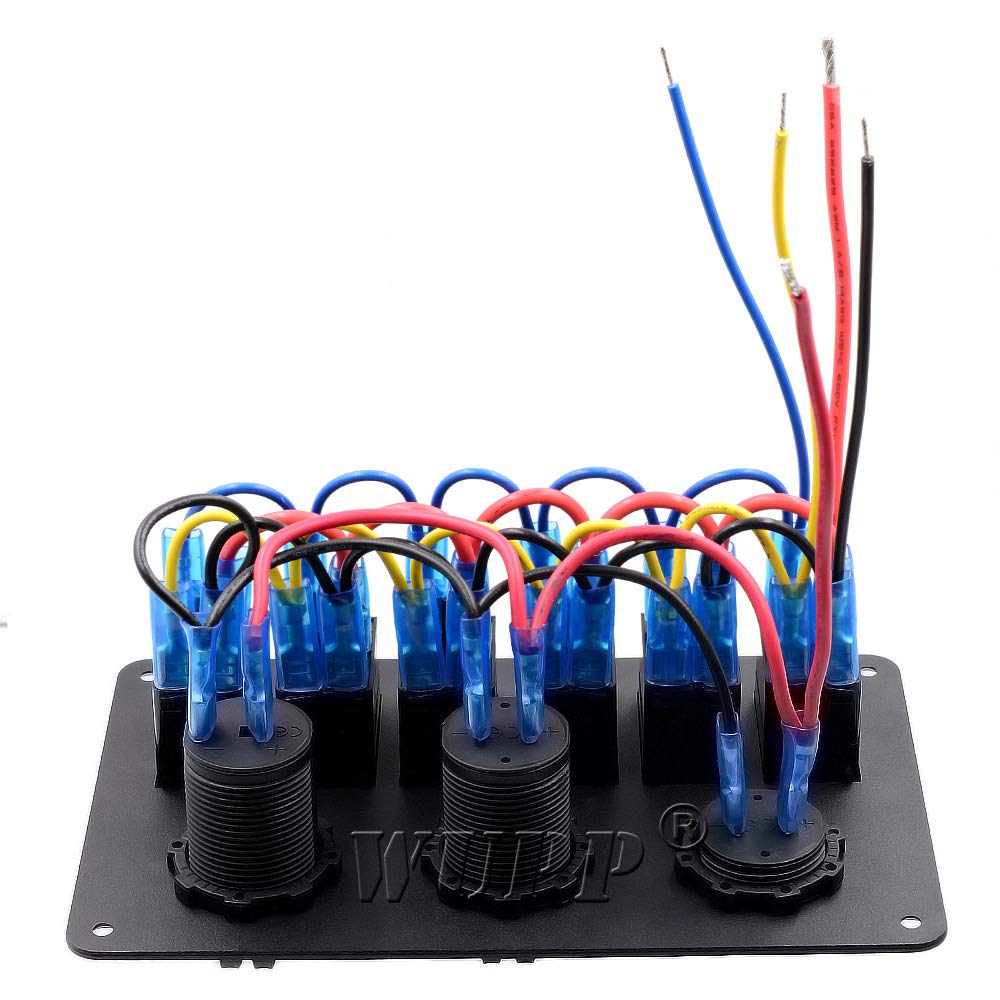 Cyfrowy 6-stopniowy panel przełącznika kołyskowego LED, 12 V, podwójne gniazdo zapalniczki, woltomierz, wyświetlacz, ochrona przed przeciążeniem, do samochodu, łodzi, kampera (6-drożny niebieski)