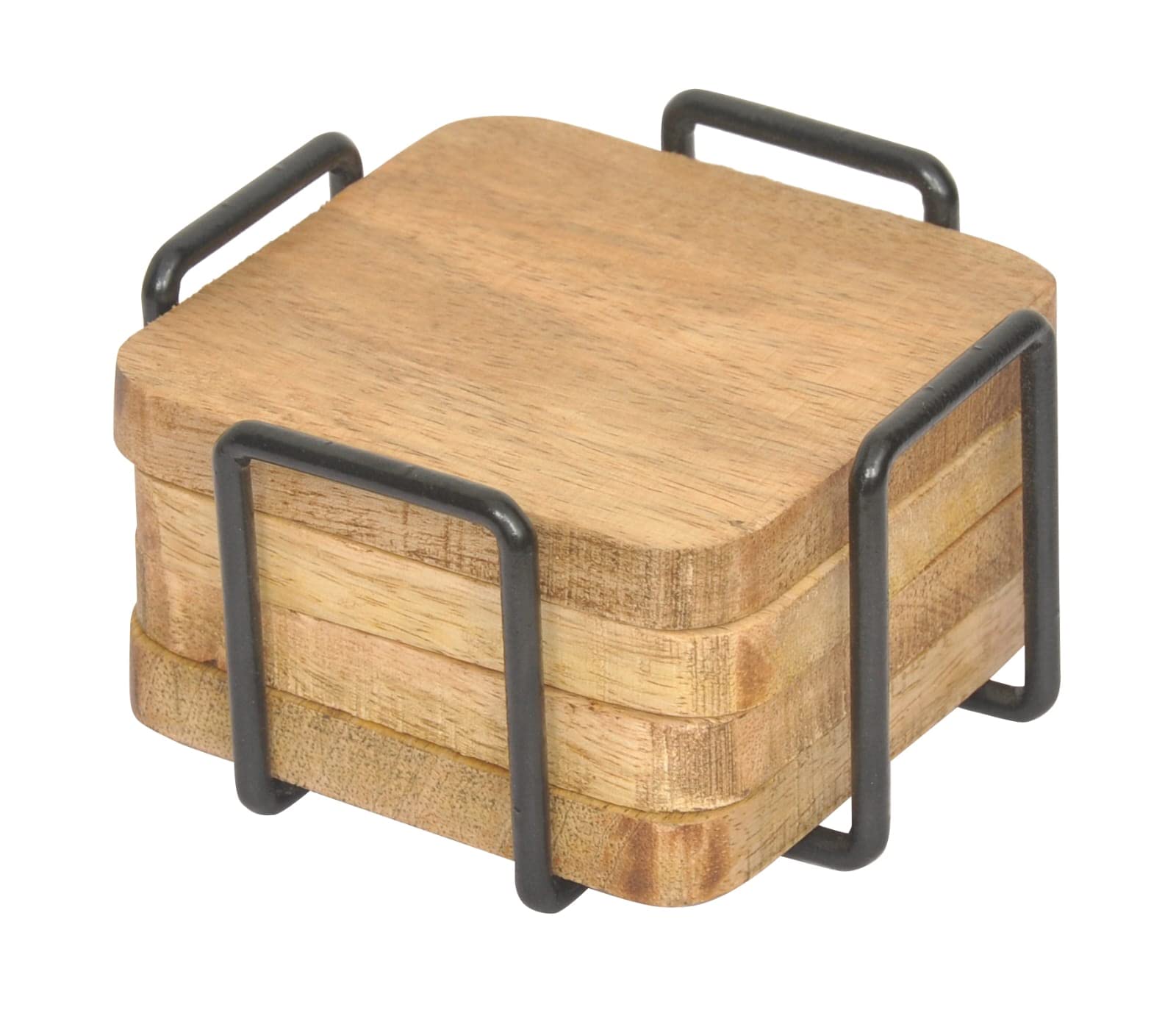 Estival Craft Wooden Square Coaster Set for Tea, Coffee, Drink with Iron Holder Stand | Set of 4