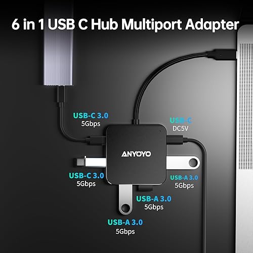 Miniatura 2 de ANYOYO Hub USB 3.0 de 6 puertos (versión no HDMI), 3 x USB-A, 2 x USB-C, 1 USB-C DC 5 V, adaptador multipuerto compatible con portátilPC, impresora,