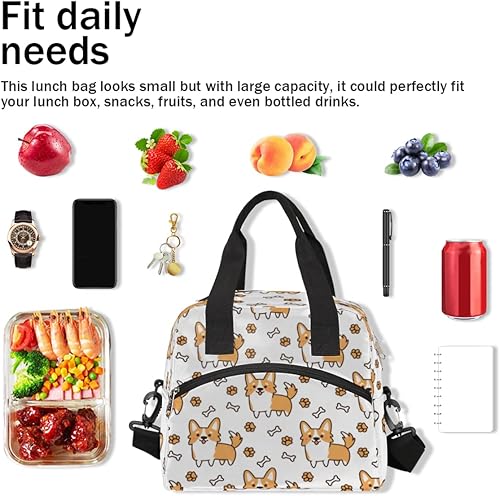 Miniatura 7 de Lindas bolsas de almuerzo con diseño de perros Corgi, bolsa aisladaenfriadora para mujeres, hombres, niñas y niños, con estampado de huesos de pata