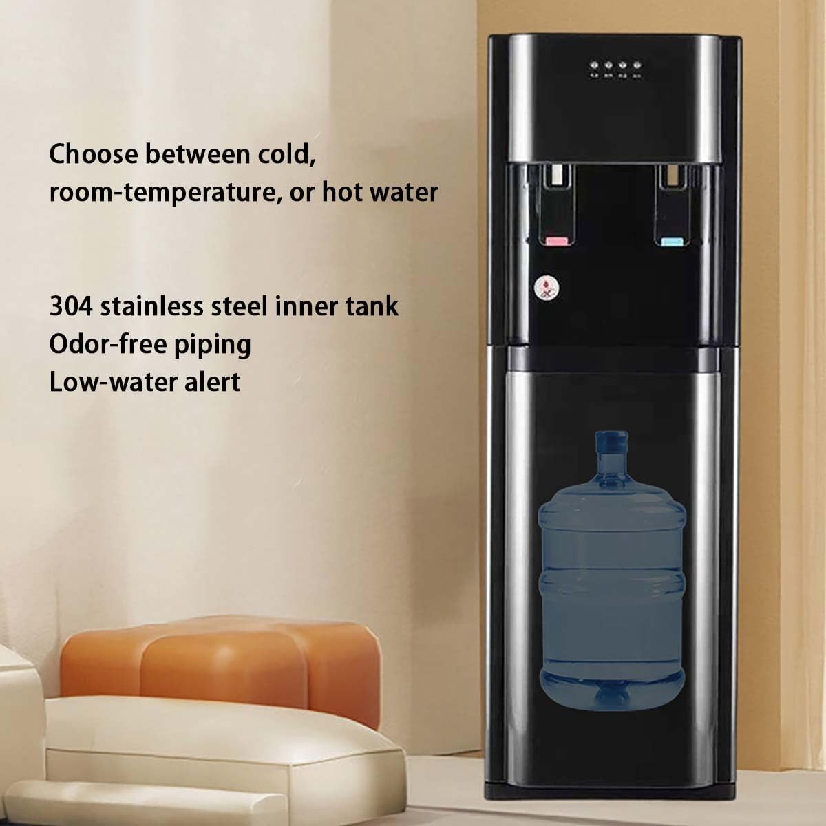 Dispenser d'acqua a caricamento dal basso (tanica da 5 galloni) con funzioni acqua calda e fredda, rivestimento interno in acciaio inox; ideale per casa e ufficio,B