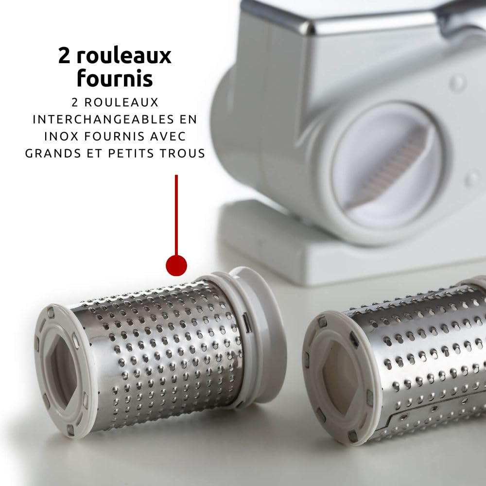Ariete Gratì Metal 44, Râpe à Fromage Électrique Sans Fil, 2 Rouleaux en Acier Inoxydable Inclus, 1 Kg de Fromage avec Une Recharge, Râpe Pour de Nombreux Ingrédients, 1500Mah, Blanc