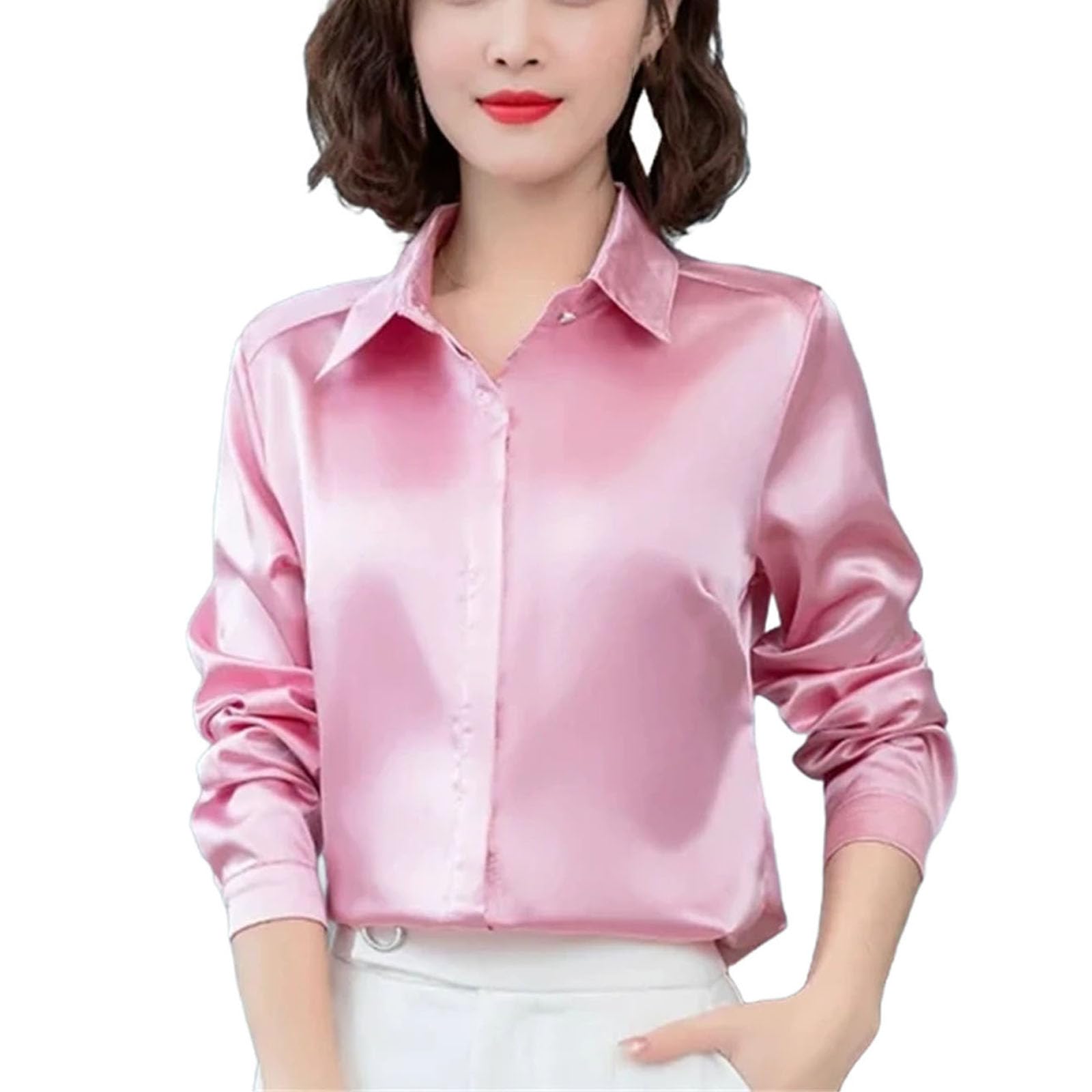 Camisa de trabajo para mujer, blusa de manga larga con solapa y botones ocultos, brillante, básica, de seda satinada, para mujer