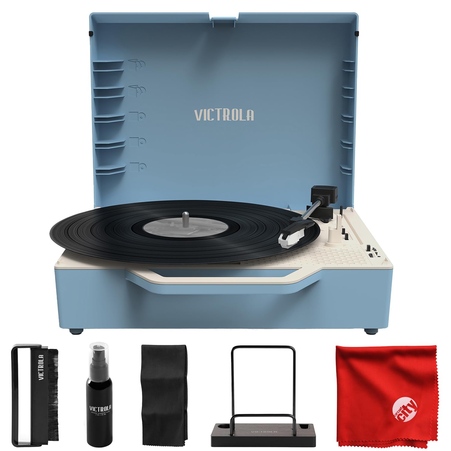 Victrola Re-Spin Sustainable Bluetooth Suitcase Record Player Bundle with Victrola Record Cleaning Kit and Circuit City Microfiber Cleaning Cloth - Blue