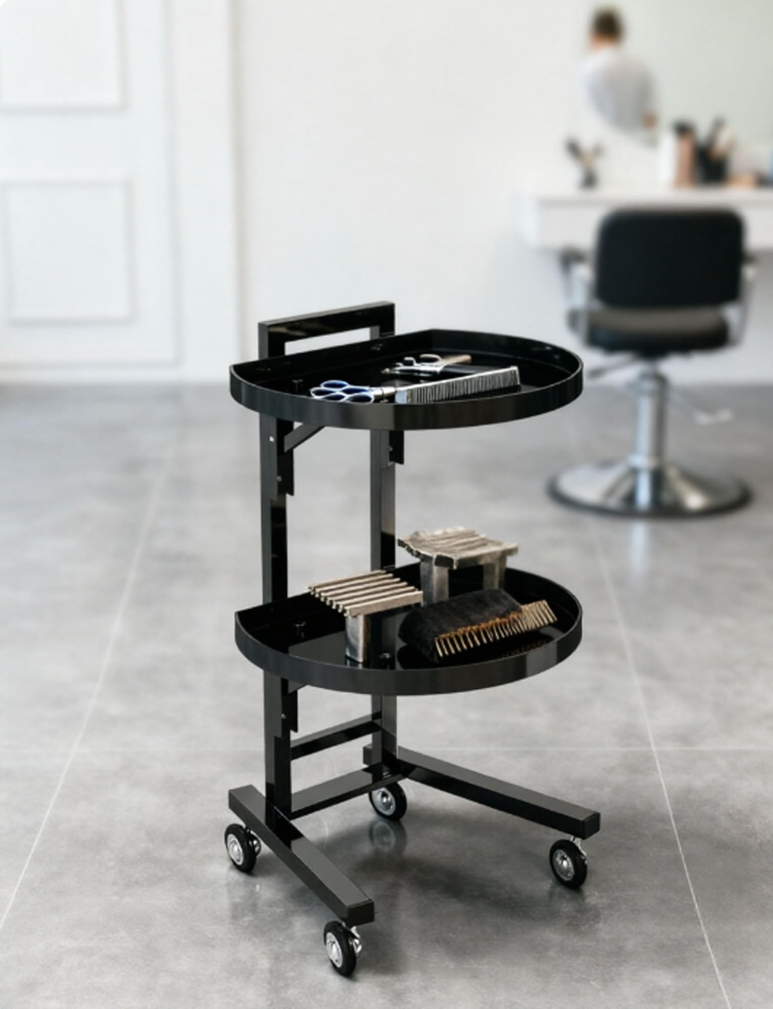 Carrello da salone a 2 livelli su ruote, supporto di servizio per barbiere e studi di bellezza, vassoi in acrilico con telaio in acciaio, pieghevole