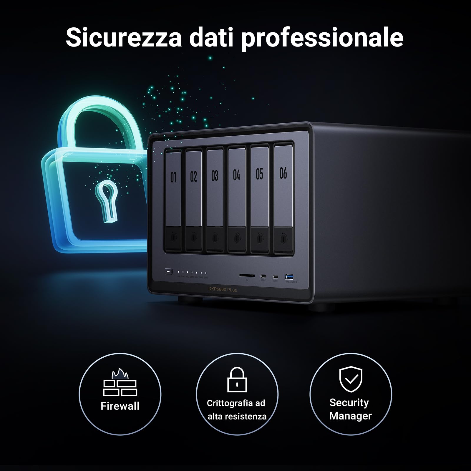 UGREEN NASync DXP6800 Plus NAS 6 vani per creator e uffici (senza HDD) | Intel Core i3-1215U, 10GbE + 2,5GbE, 8GB DDR5 fino a 64GB, SSD 128GB, 2×M.2 NVMe, HDMI 4K
