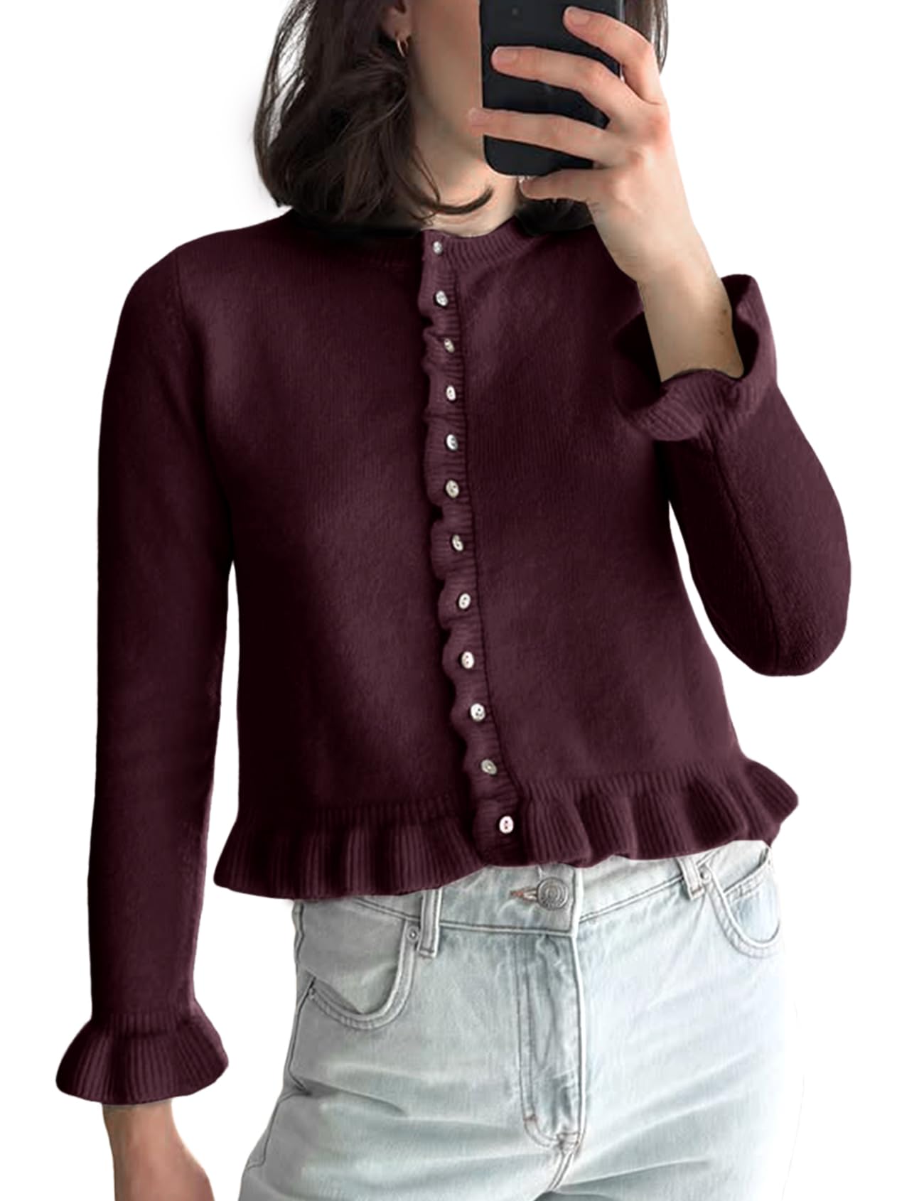 Womens Cropped Cardigan Sweaters Ruffle Crewneck Button Down Cardigans 2026-image-19
