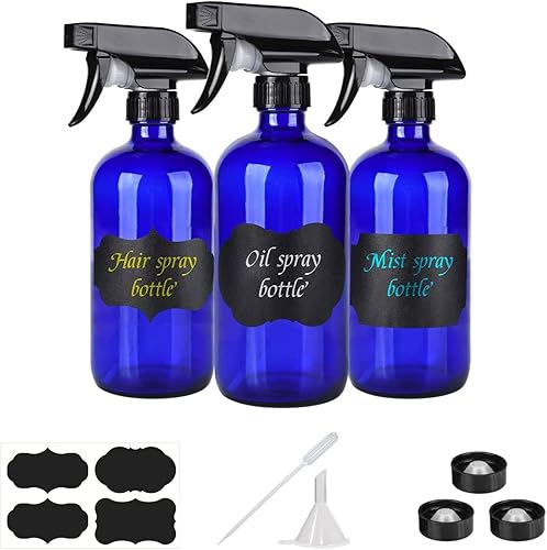 Botellas de vidrio azul de 16 onzas  Paquete de 3 botellas vacías recargables para soluciones de limpieza, aceites esenciales, plantas, cabello disponible en Yaxa Peru