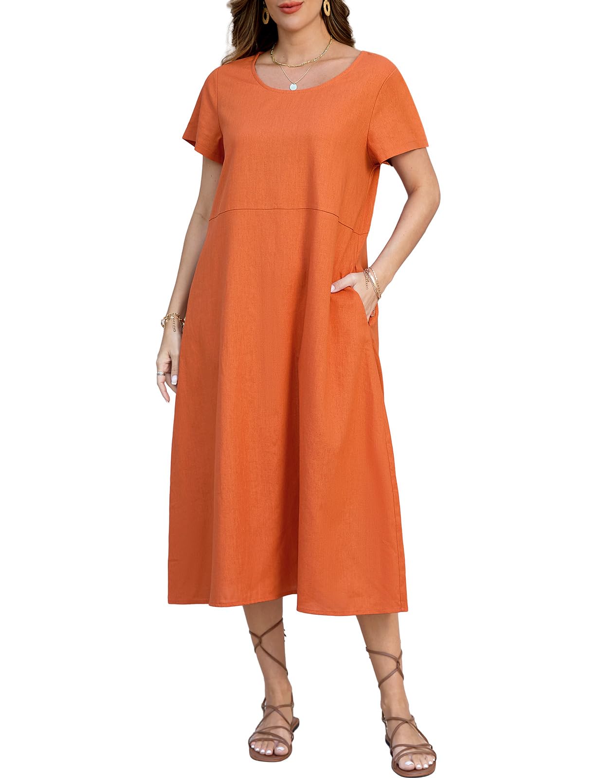 TOMEEK Vestidos Verano Mujer Manga Corta Largos Vestido Mujer Tallas Grandes Cuello Redondo con Bolsillos Casual Vestido Playa Mujer Vestido Camisero