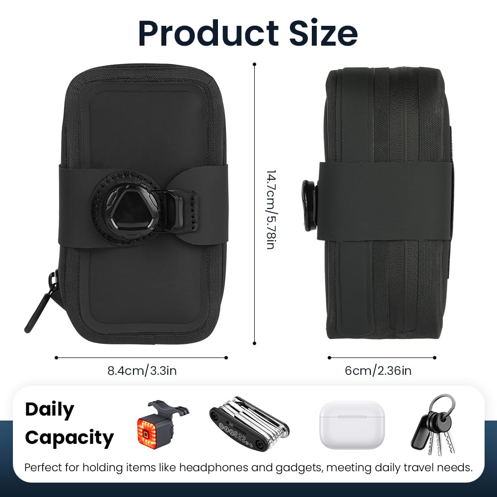 DiULi Bolsa Sillin Bicicleta, Bolsa Cerradura Giratoria para Sillín, 14.7*8.4*6cm Borsello Per Bici, Mini Bolsas de Asiento para MTB Bici Carretera Plegable,Desplazamientos y Ciclismo(Negro, Estilo A) - 3