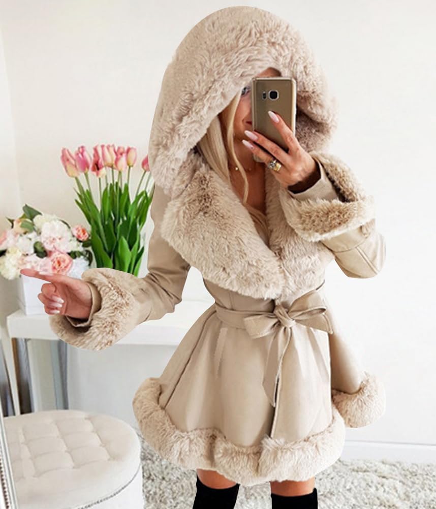 ORANDESIGNE Damen Kunstlederjacke Mantel Kurzer Parka Mantel mit Fellkragen Vorne offener Plüschkragen Warme Strickjacke Langer Trenchcoat mit Gürtel Outwear