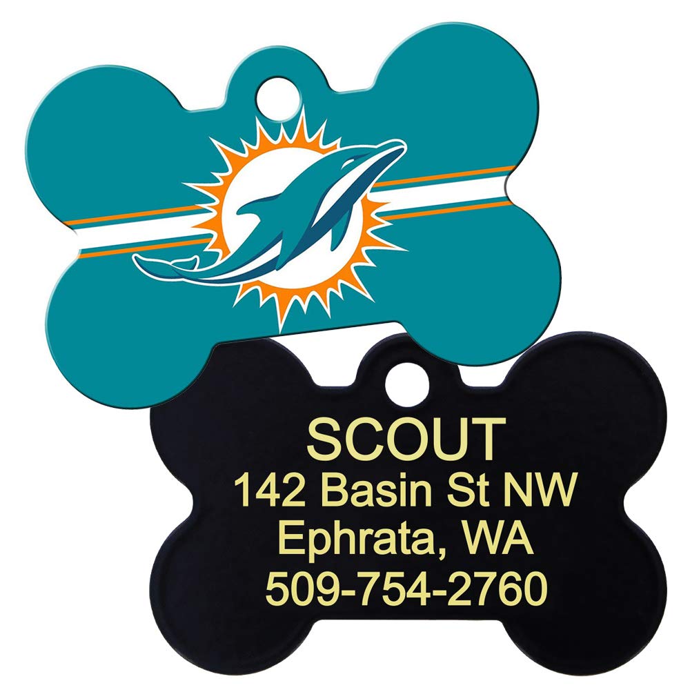 GoTags Personalized Miami Dolphins Dog Tag, Brass Metal Bone Shape Pet ID Tag Engraved with Name and Custom Text, Every NFL Football Team Pet Apparel