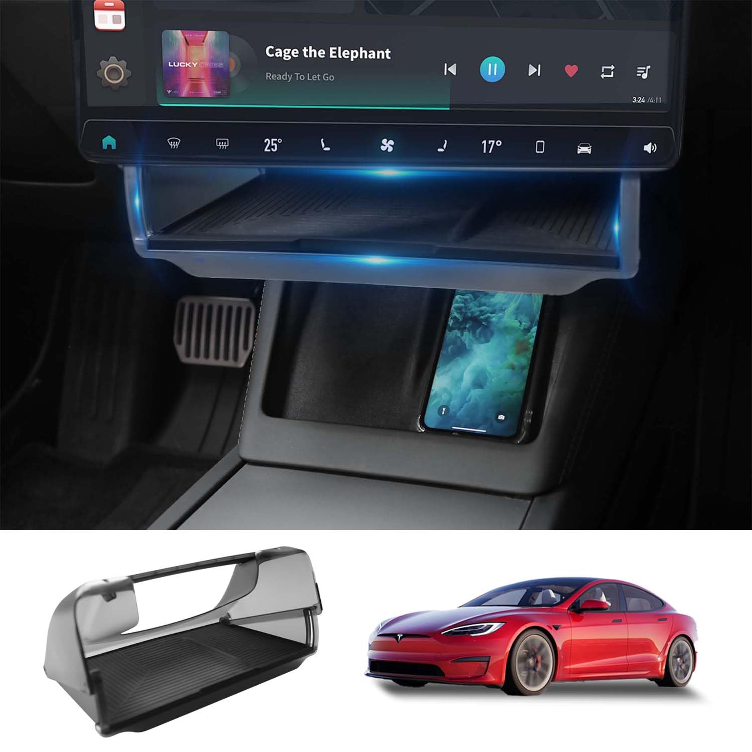 Scatola Portaoggetti Nascosta sotto Lo Schermo per Tesla Model 3 Highland，Organizer per Console Centrale con Cuscinetto in Silicone Antiscivolo per Tesla Model 3 Vassoio 2024