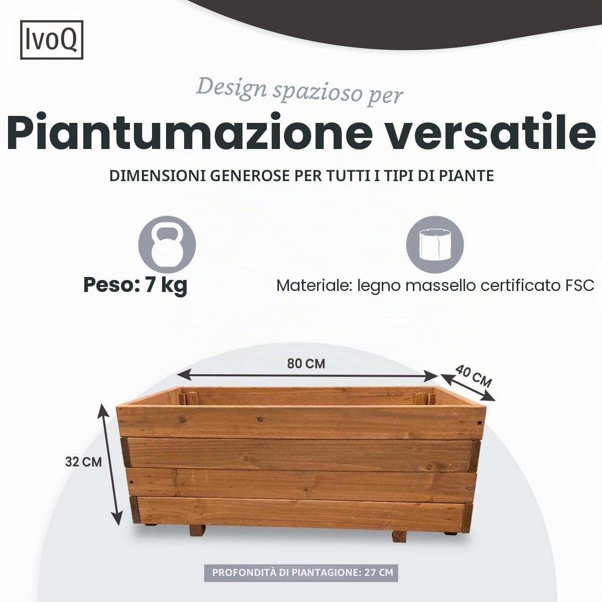 Fioriera in legno 80 x 40 x 32 cm, in legno massiccio di abete FSC, resistente alle intemperie, con sacchetto di drenaggio e tessuto non tessuto, resistente alle intemperie