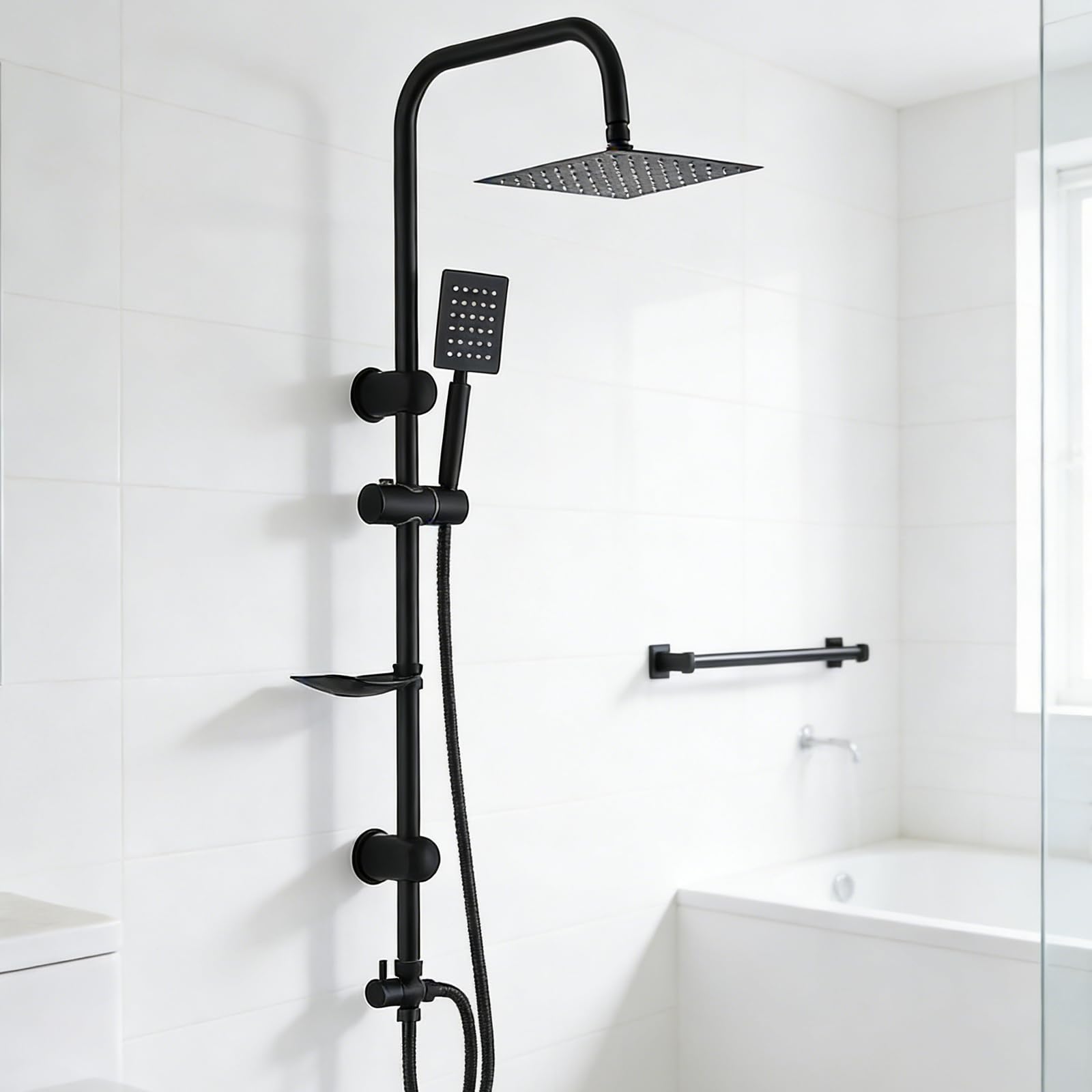 Colonna Doccia Senza Miscelatore 92cm, Set Doccia con Soffione Quadrato e Doccetta in Acciaio Inox, Asta Saliscendi Doccia Regolabile, Installazione Divisa