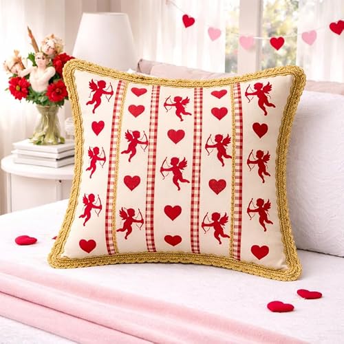 WWW.THROWPILLOW.IN Valentine Cupid Red Heart Gingham Print, Luxury Gold Lace Trim Cushion Cover Romantic Vintage Decor, Square Sofa Cushion 16x16 Inches
