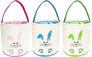 Easter Baskets, 3 Pack Foldable Bucket Tote Bags with Handle, Large Canvas Cute Bunny Baskets for Kids, Carry Easter Rabbit Baskets for Easter Eggs Hunt Party (Pink,Blue,Green)