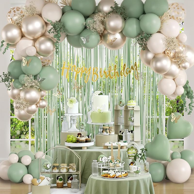 Sage Green Birthday Balloons Decor Set, Happy Birthday Banner for Women Men