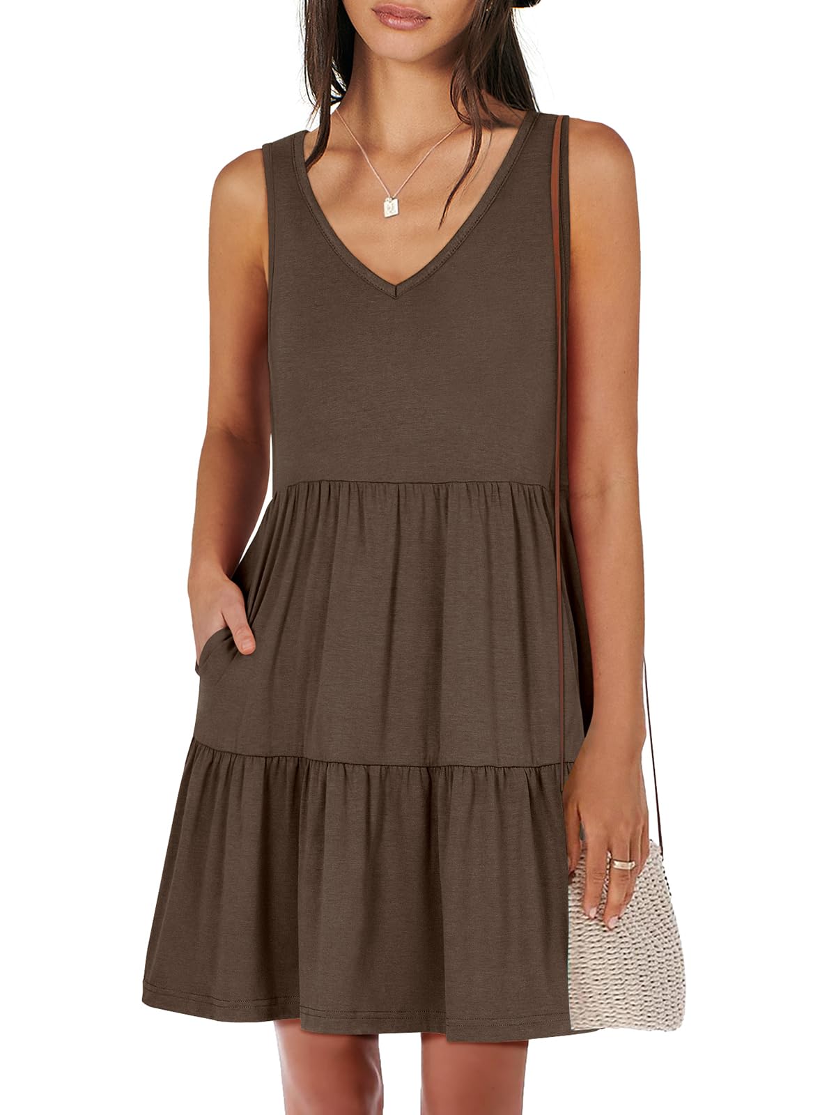 ANRABESSWomens Summer Casual Tank Dress Sleeveless V Neck T Shirt Sundress Flowy Tiered Swing Mini Beach Vacation Dresses