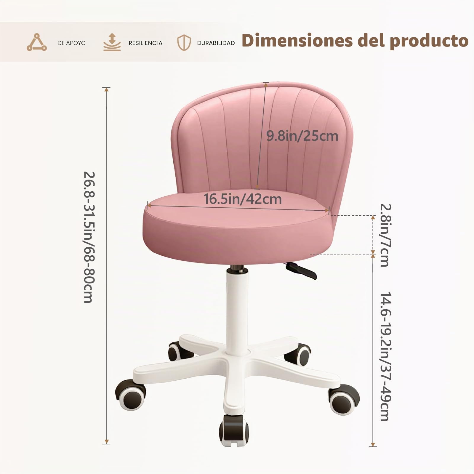 Silla Pequeña Redonda Deslizante para Escritorio Sin Brazos Cómoda Silla de Maquillaje y Computadora con Respaldo Bajo de Cuero PU Ajustable en Altura Giratoria para Trabajo y SPA
