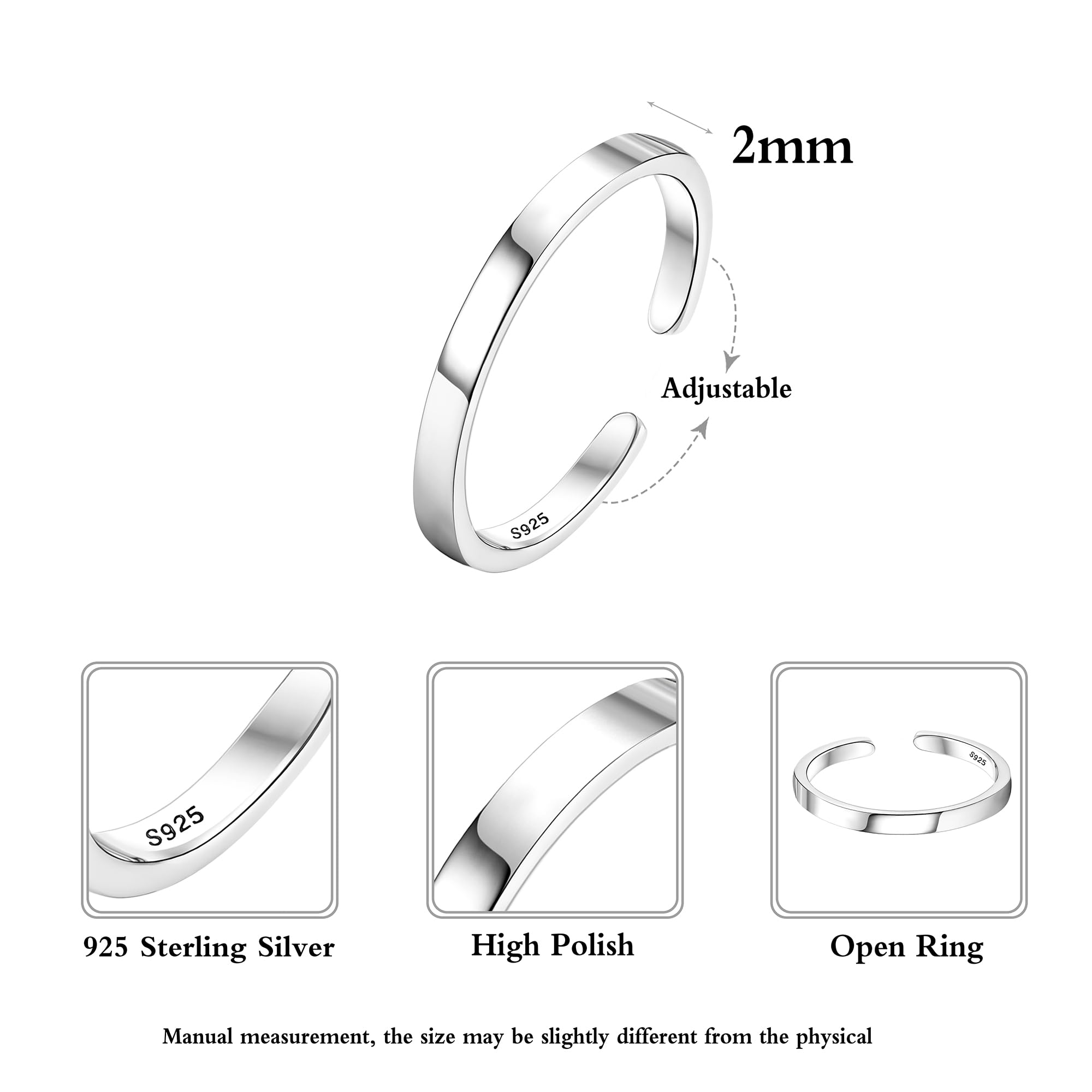Chriscoco Anillos de Plata de Ley 925 para Mujer Ajustable Anillo de Banda Anillos de Compromiso Alianza Boda Anillo Abierto para Mujer 1/2/3/4/5/6/8/10/15MM