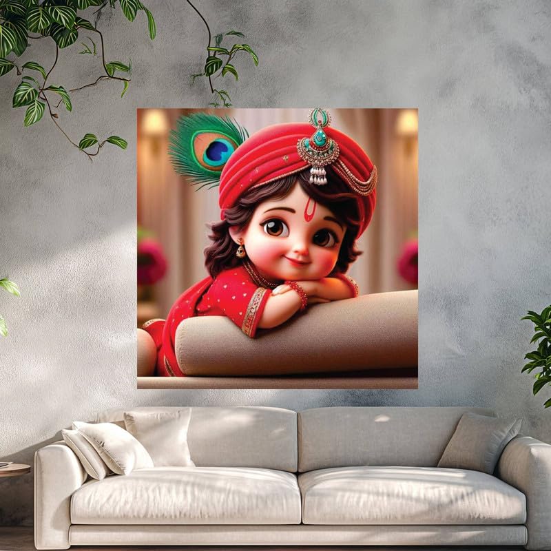 Image of British Terminal Cute little Bal Gopal Baby God Krishna| Kanha Ji | Laddu Lord Makhan Chor Painting Religious Poster for Pregnant Women for wall (matt thin vinyl,sticker,multicolor,unframed)| bj340
