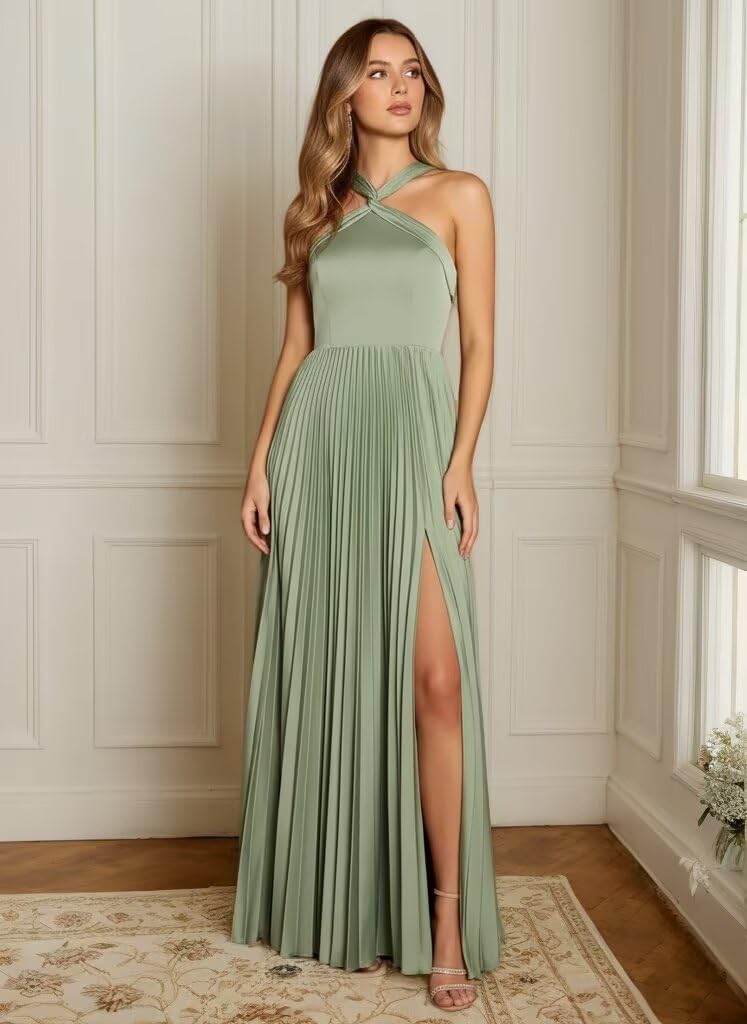 HUINI Satin Brautjungfernkleider Lang ärmellos Plissiert A-Linie Formelles Abendkleid mit Schlitz