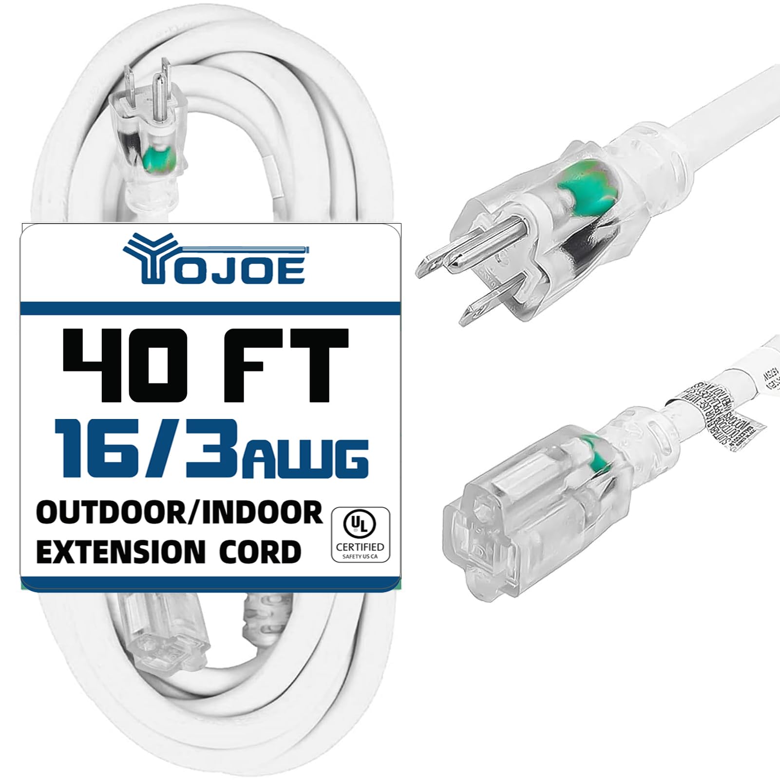 YOJOE Indoor Outdoor Extension Cord with Lighted End, 3 Prong 13A Weatherproof Power Cord, 16 Gauge Heavy Duty 40 ft White Extension Cord for Garage,