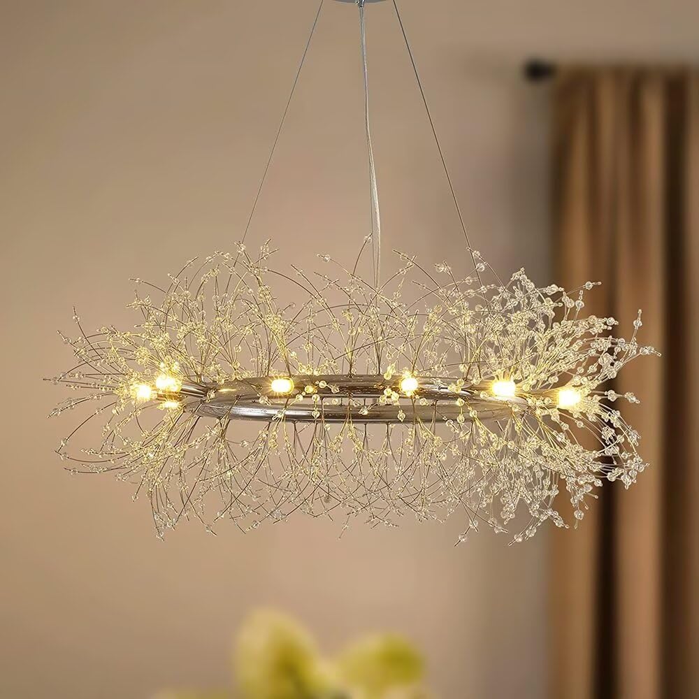 SYAXVOM Modern 8-Light Crystal Chandelier - Firework Design Silver Ceiling Fixture for Dining Room Kitchen Living & Bedroom Lighting