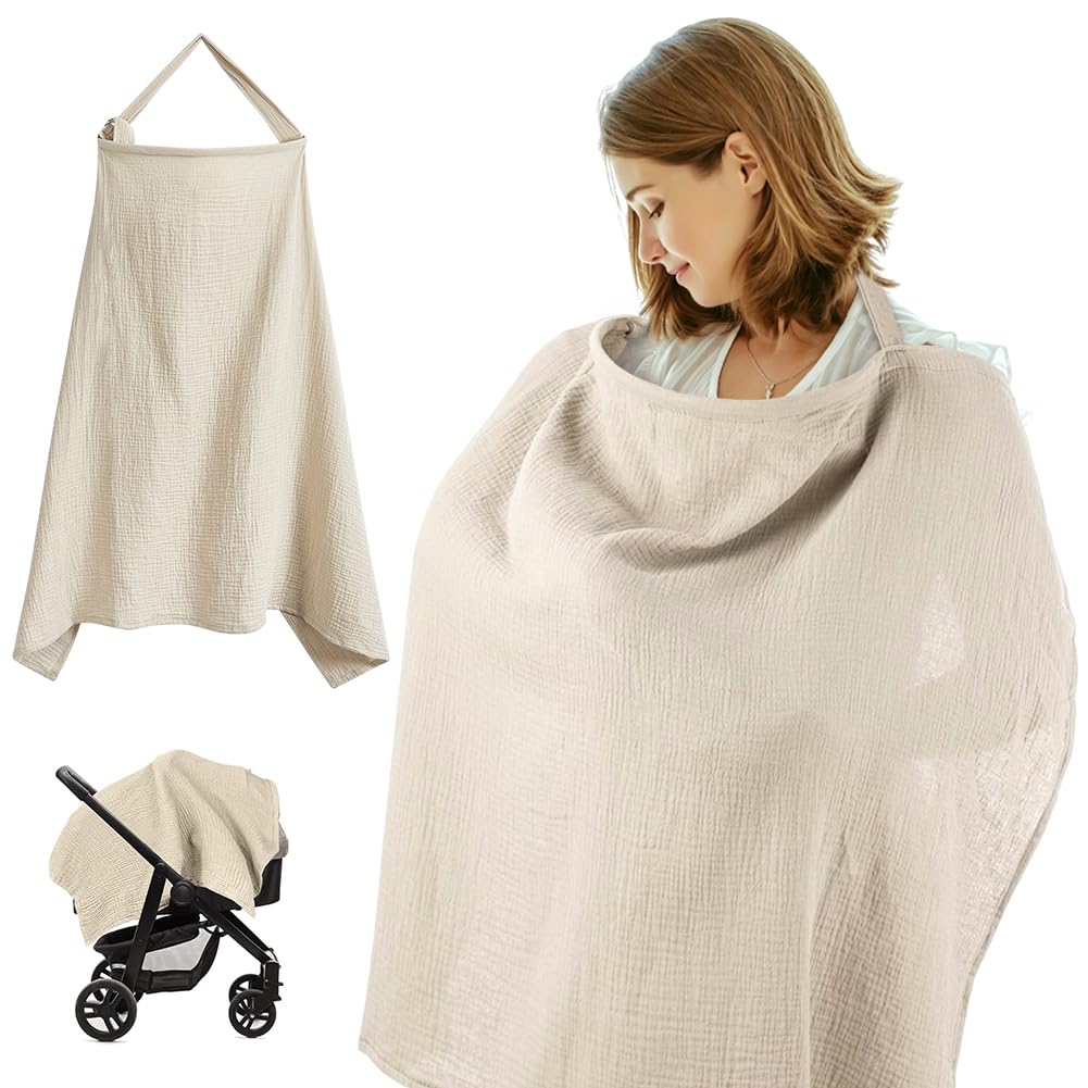 Breastfeeding Cover with Adjustable Strap, Muslin Soft Cotton Nursing Cover Breastfeeding Shawl Nursing Privacy Apron for Outdoor Feeding Car Seat Blanket and Stroller Coverall (Khaki)