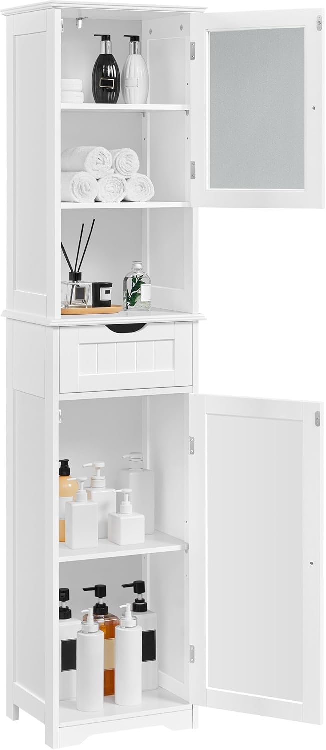 tall bathroom storage cabinet side view showing adjustable shelves