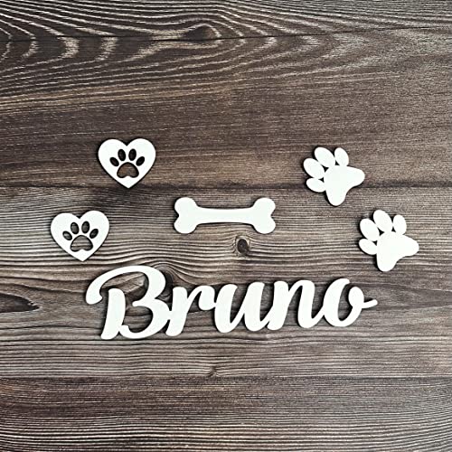 Hunde individuelles Namensschild mit Pfoten und Knochen aus Holz, Personalisierter Schriftzug Türschild Spitzname Hundehütte Wanddeko Fressnapf Schild