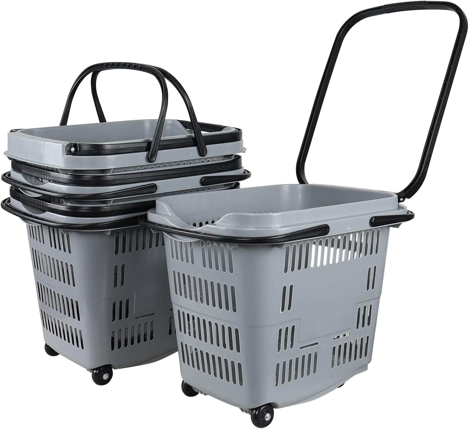 Readsky 4-Pack Large Plastic Rolling Shopping Basket with Handles, 50 L Shopping Basket with Wheels for Supermarkets Retail Stores, Gray
