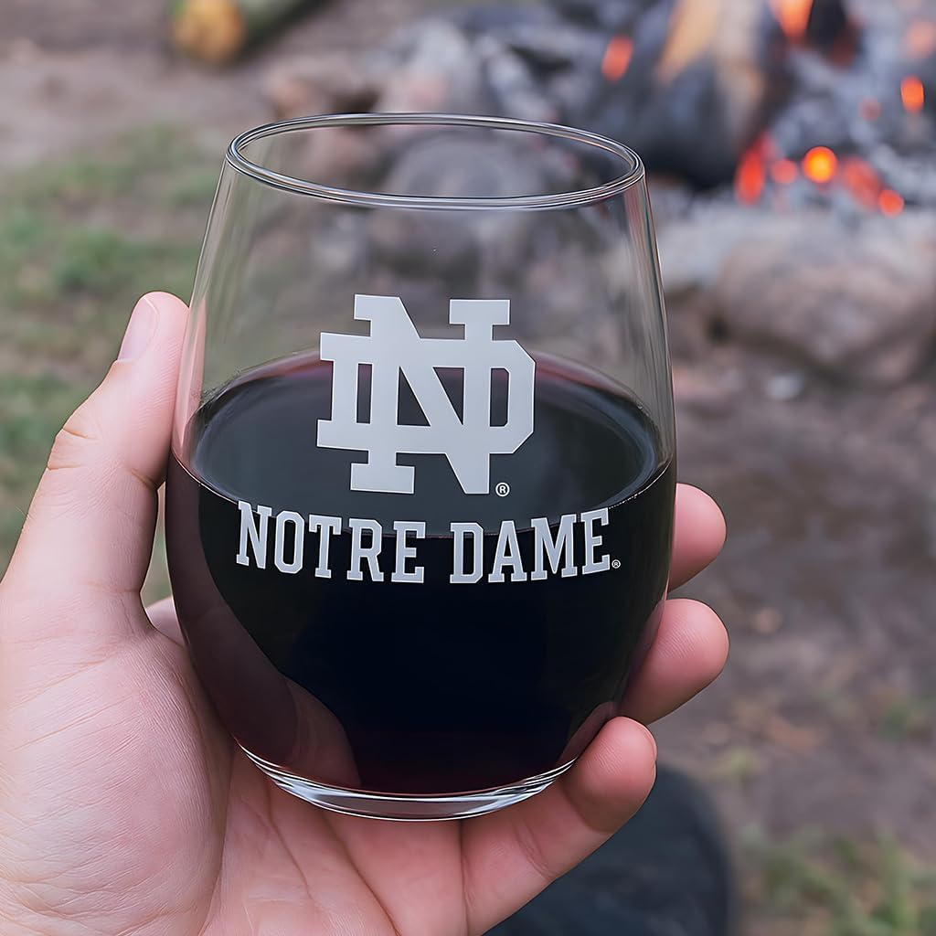 Notre Dame Fighting Irish Etched Satin Frost Logo Wine Glass Set – 2 Pack Stemless Wine or Beverage Glasses – Notre Dame Glassware – Notre Dame Gifts – 15 oz, Set of 2