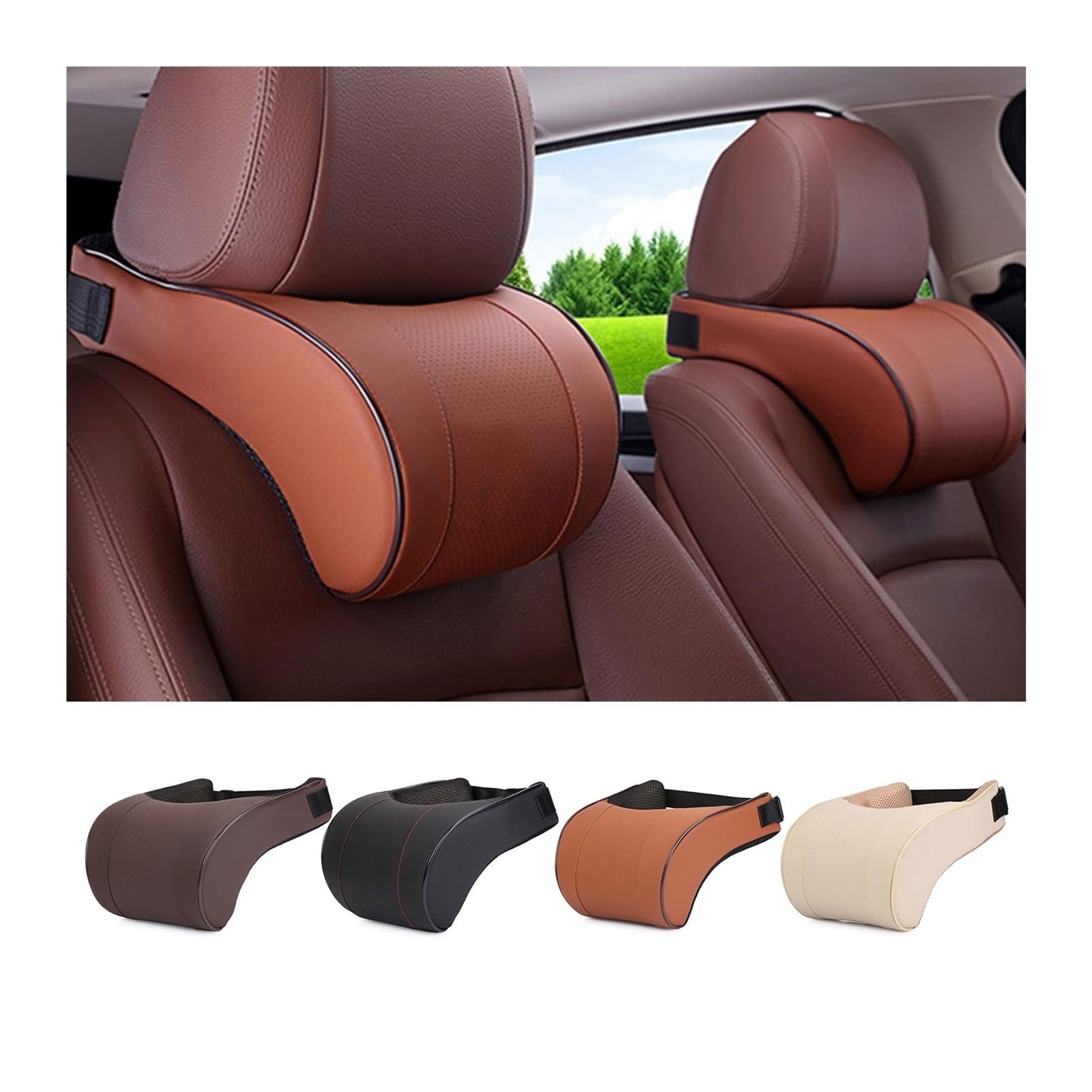 SSIMOO PU Leather Auto Car Neck Pillow Memory Foam Filling Neck Rest Seat Poggiatesta Cuscino Soluzione di Supporto Compatibile con Bambini e Adulti (Color : Brown)