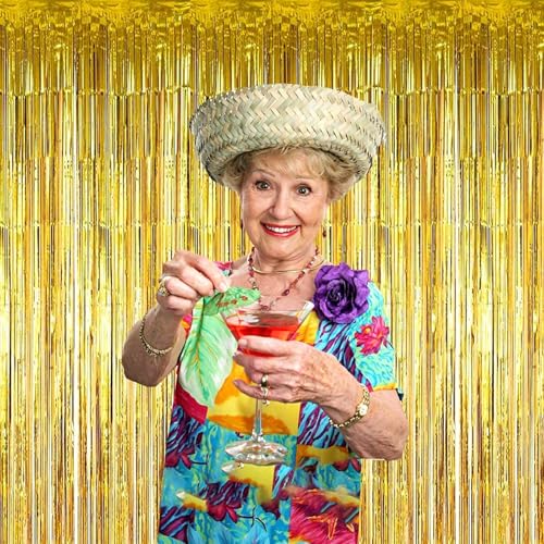 Image of 4 Pack Gold Foil Fringe Curtain Backdrop, 3.28Ft x 8.2Ft Metallic Tinsel Foil Fringe Streamer Curtains for Photo Booth Props, Birthday, Wedding, New Year's, Christmas Decoration Party Supplies New