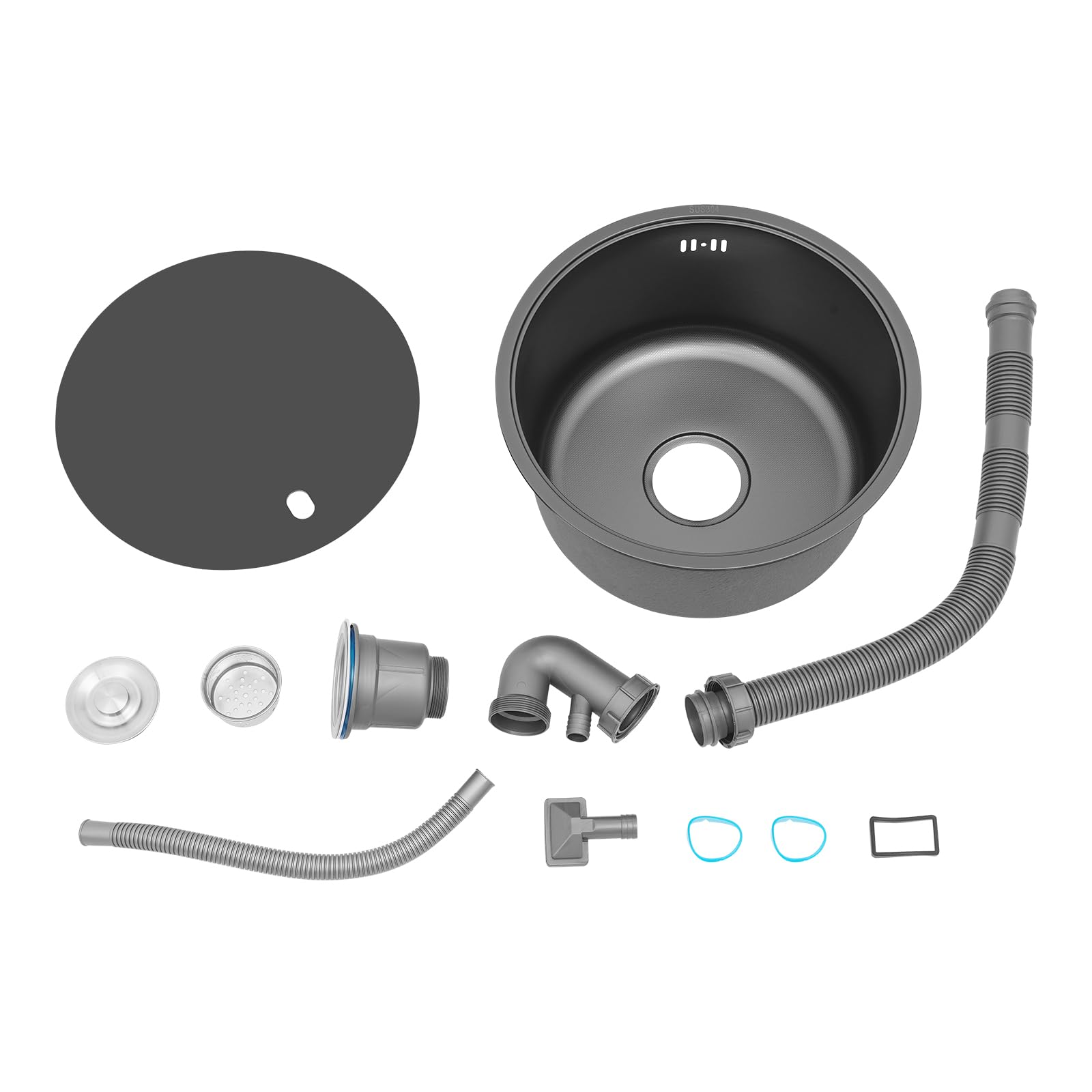 Fregadero de cocina redonda acero inoxidable 304 nano-revestimiento con cesta y tapa, bandeja de vajilla empotrable diámetro 40 cm fregadero bar camping hotel negro moderno