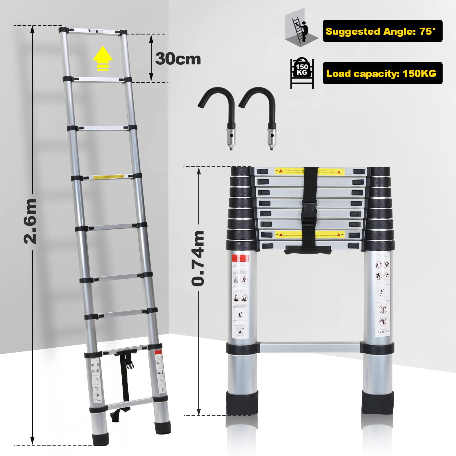 Randaco Drabina teleskopowa ze zdejmowanym haczykiem, wysuwana drabina 2,6 m, antypoślizgowa drabina aluminiowa, drabina stojąca, uniwersalna, wysuwana drabina aluminiowa, maksymalne obciążenie 150 kg, z 2 haczykami