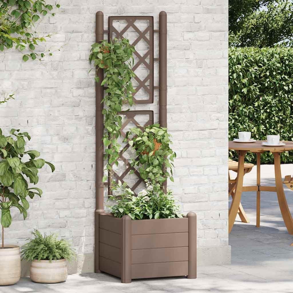 Large Mocha Polypropylene Garden Planter with Trellis 16.9 x 16.9 x 55.9 in UV-Resistant Matte Raised Planter Box for Climbing Plants, Balcony Patio Outdoor Use
