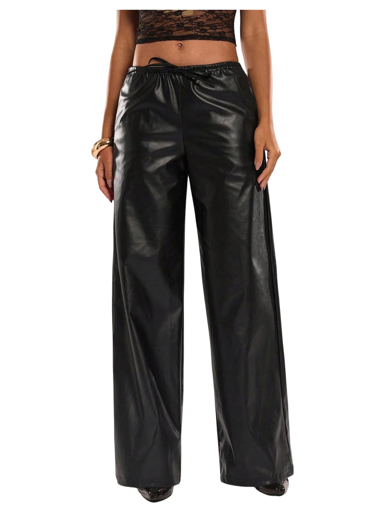 MakeMeChic Womens PU Leather Drawstring Pants Low Waisted Straight Leg Fall Punk Y2K Trousers