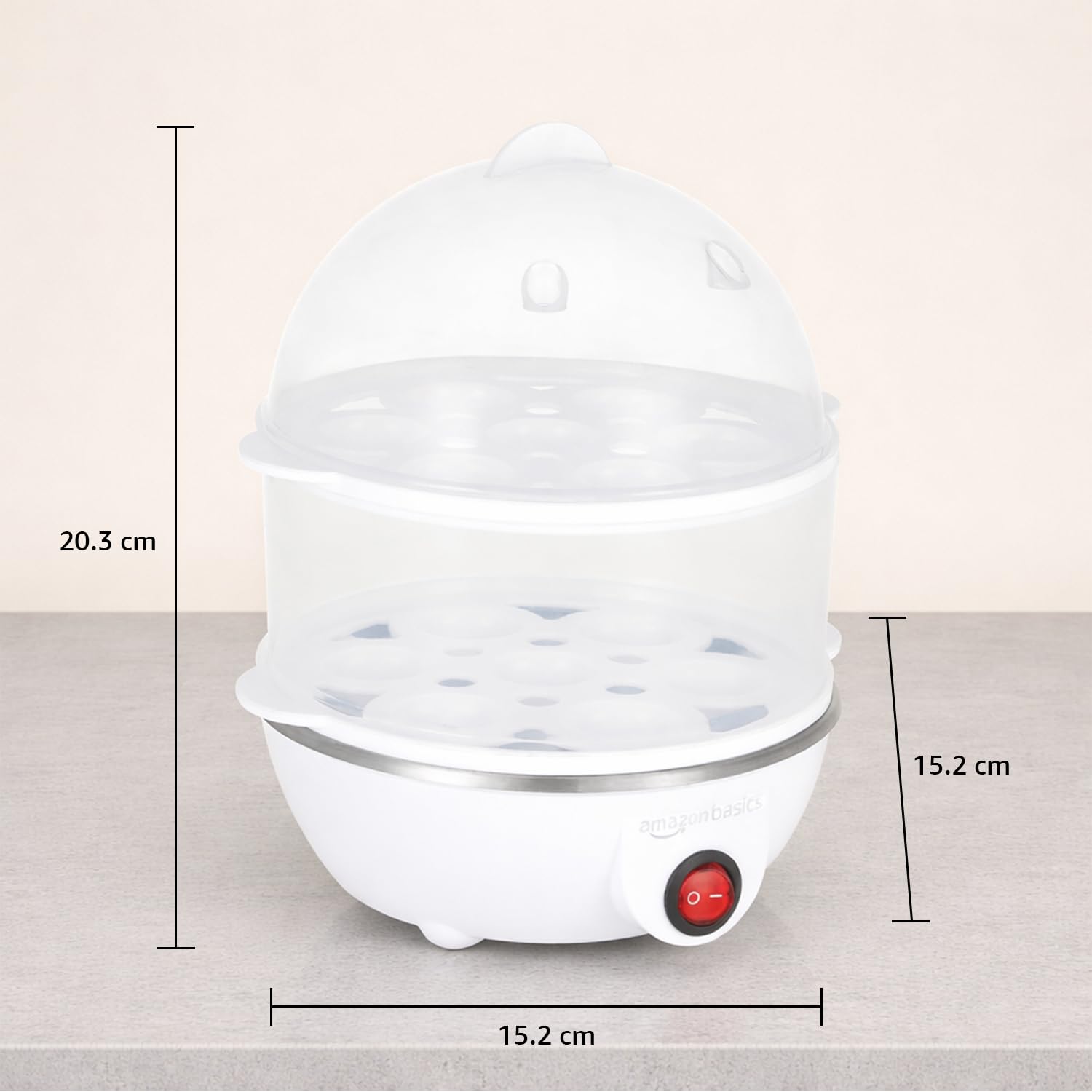 amazon basics Double Decker Egg Boiler | 350 Watt | Boils Upto 14 Eggs | 3 Boiling Modes, Overheat Protection | Stainless Steel Heating Plate, Measuring Cup | 500 ml | Durable | Plastic | White 4