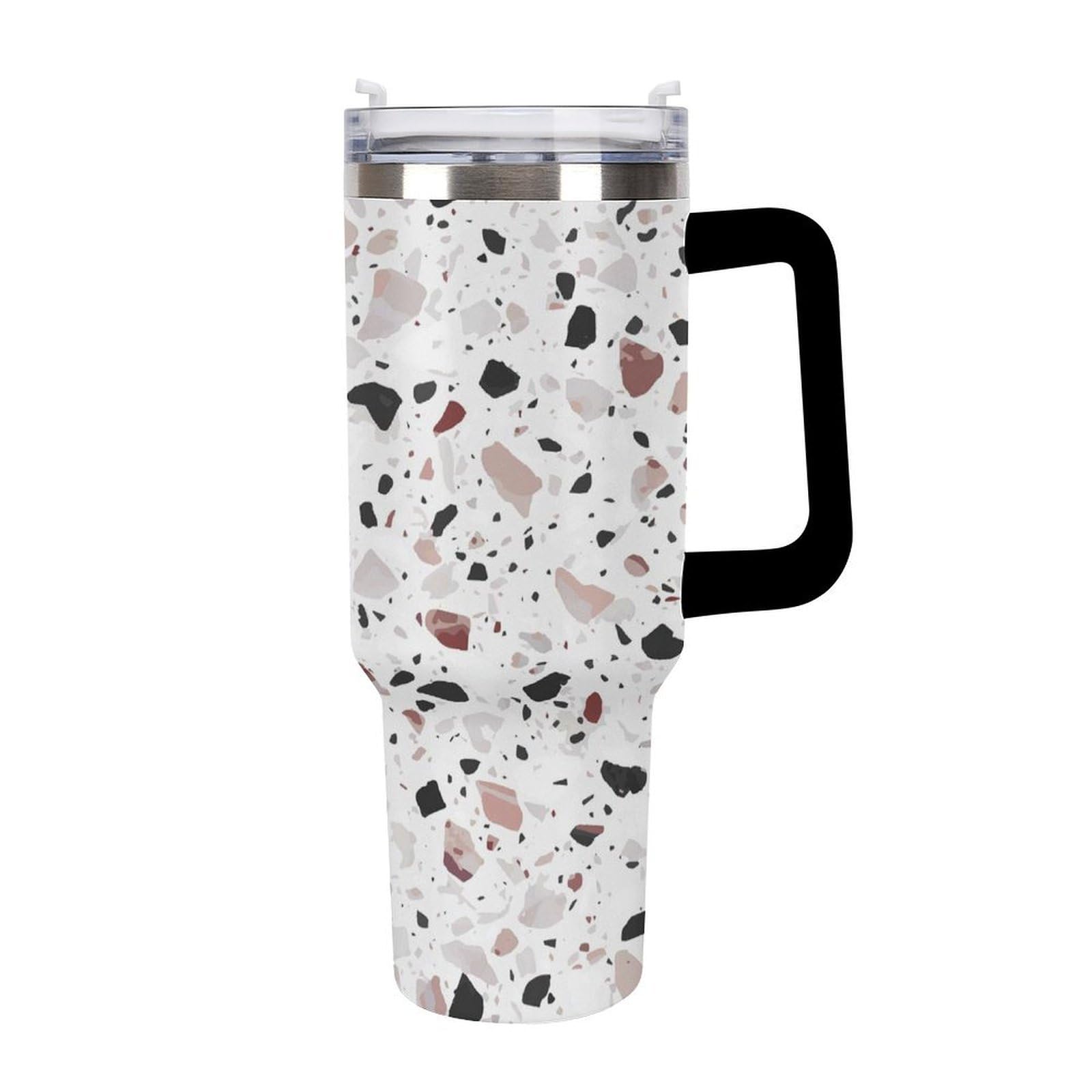 Rote Terrazzo-Becher mit Strohhalm und Griff, doppelwandige Vakuumisolierung, Wasserflaschen für Eiskaffee, Tee, heiße und kalte Getränke
