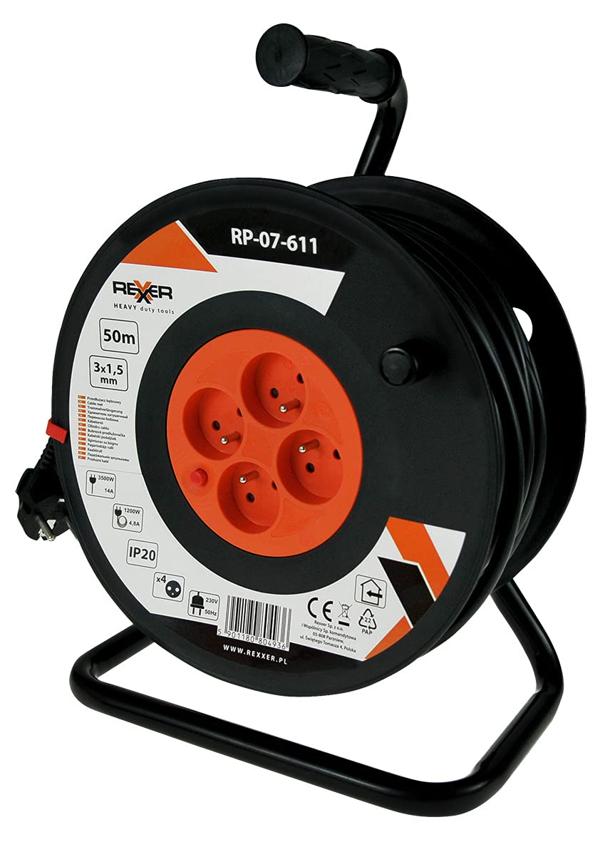 REXXER Kabeltrommel 50 m, 3x1,5 mm², 4 Steckdosen Typ E, IP20