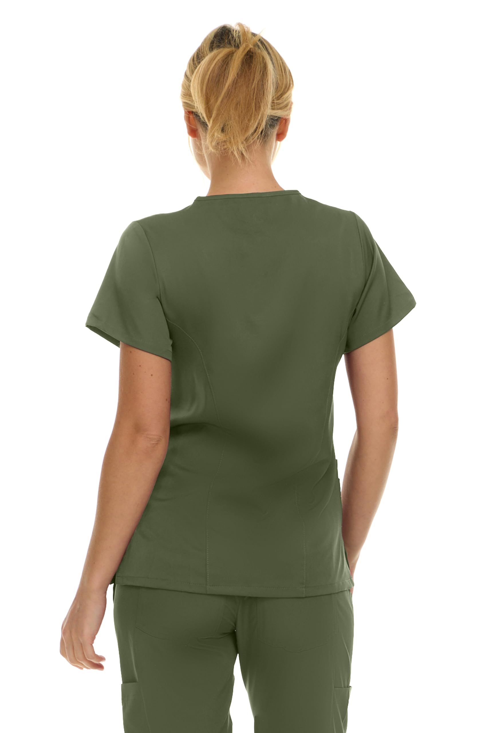 MediChic Women's V-Neck Scrub Top - 3-Pocket, 4-Way Stretch, Comfortable Medical Uniform, Olive Large