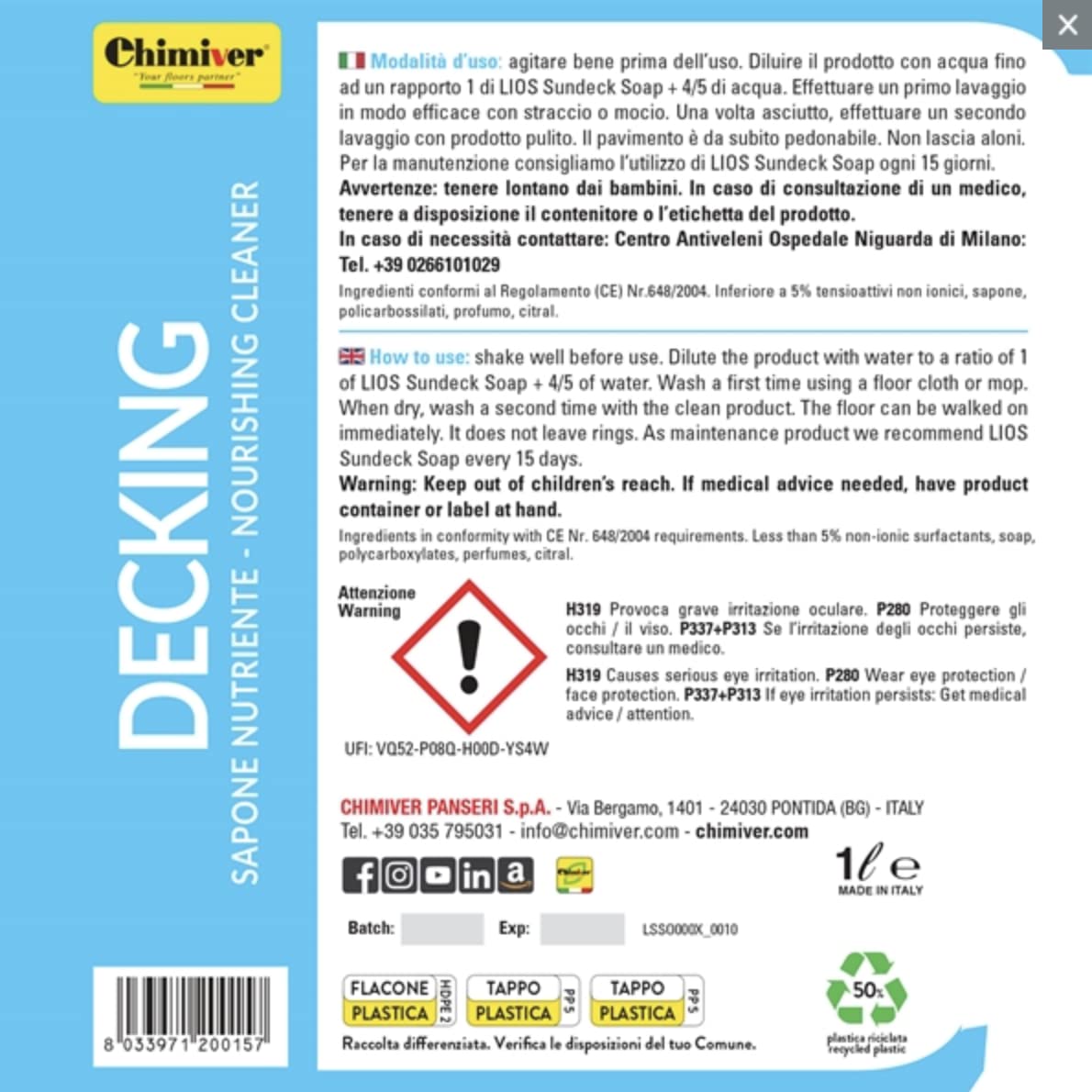 Chimiver Lios Sundeck Soap 5 LT, detergente per la pulizia di pavimenti in legno da esterno, Nutre ed elimina lo sporco, i residui di cloro e la salsedine.