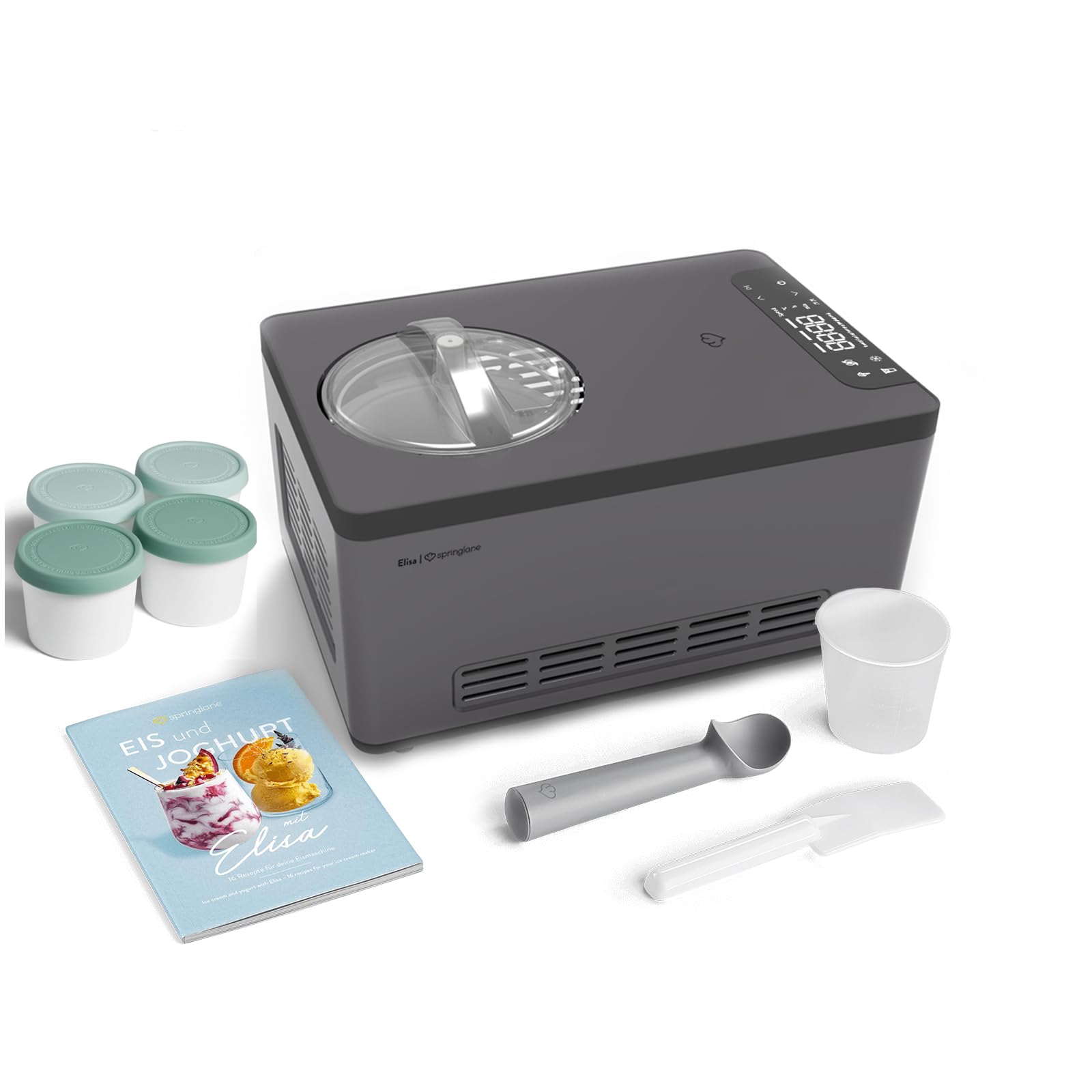 Springlane Elisa Máquina de helado y preparadora de yogur de 2,0 l, con compresor autoenfriante, 220 W, de acero inoxidable con función de refrigeración y calentamiento (Elisa antracita, máquina de