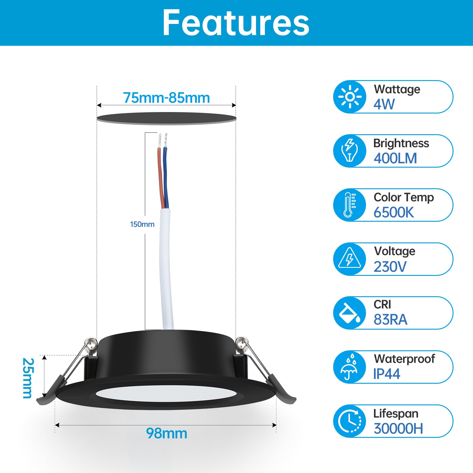 Wowatt Foco Empotrable LED Techo Negro IP44 Blanco Frío 6500K Downlight Redondo Extraplano Ф98x25mm 400LM 4W Equivalente a Halógena 40W Interior Ojo de Buey 220V Corte 75-85mm Pack 10